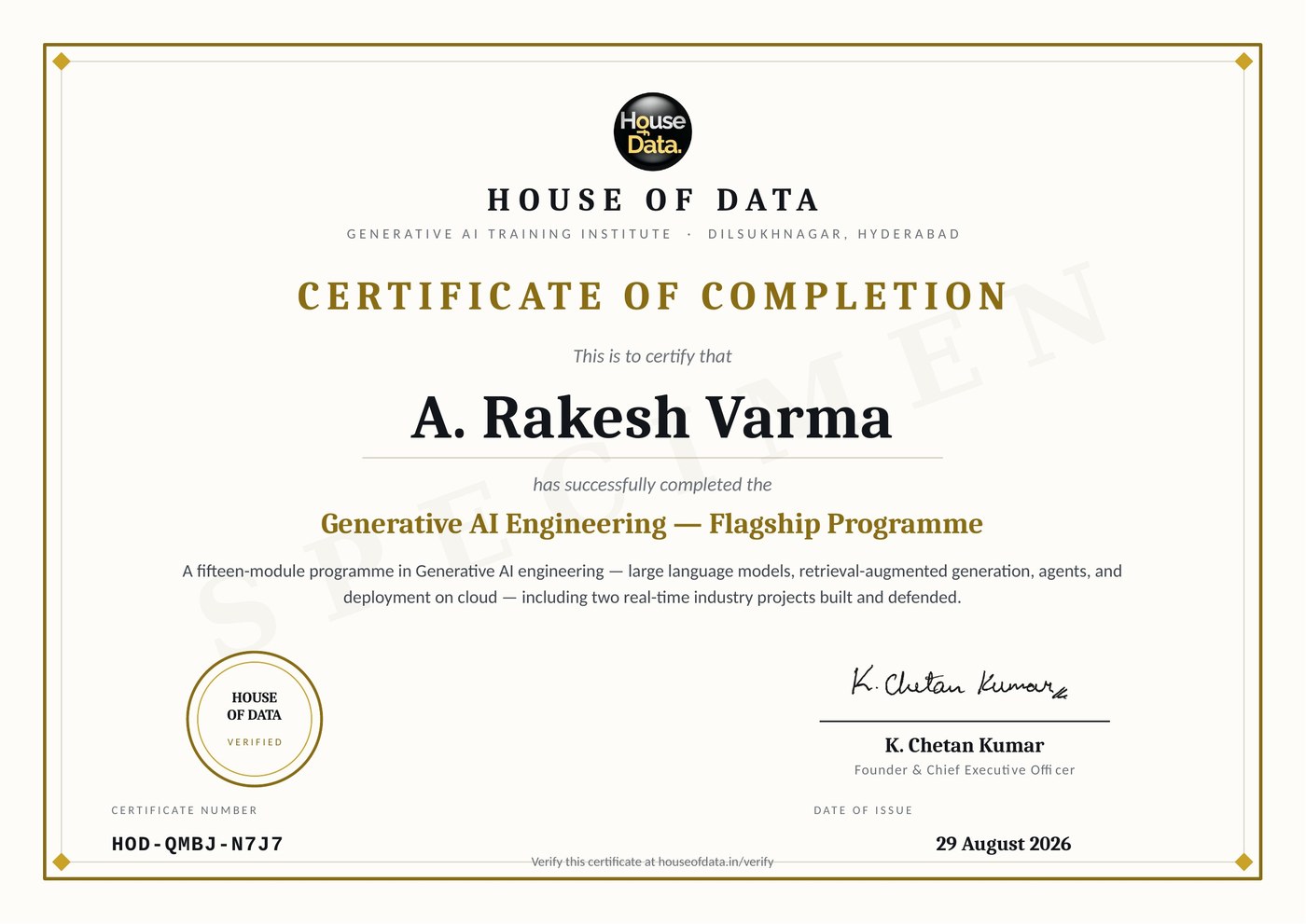 A House of Data certificate of completion, showing the certificate number, the date of issue and the founder's signature.