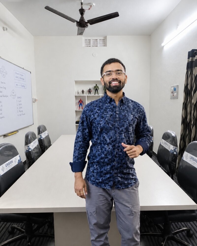 Swaroop in week three at the Dilsukhnagar centre, in front of a whiteboard.