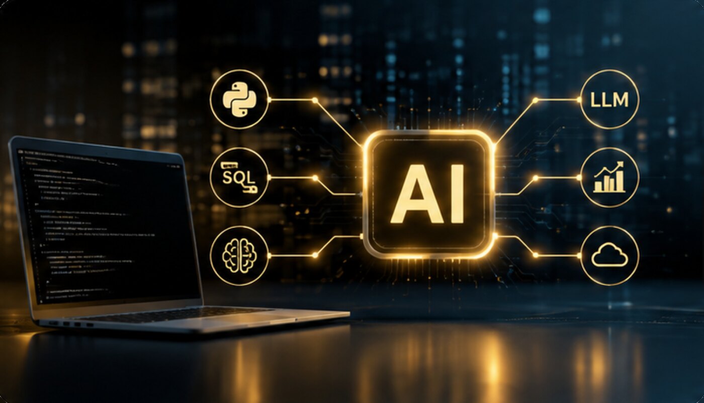 A laptop with code beside a glowing AI chip, wired to Python, SQL and deep learning on one side and LLMs, analytics and cloud on the other.