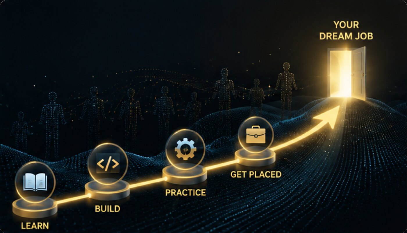 A path of lit steps — learn, build, practice, get placed — rising towards an open door marked Your Dream Job.